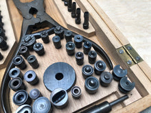 Load image into Gallery viewer, x Punch and rivet pliers set in wooden case